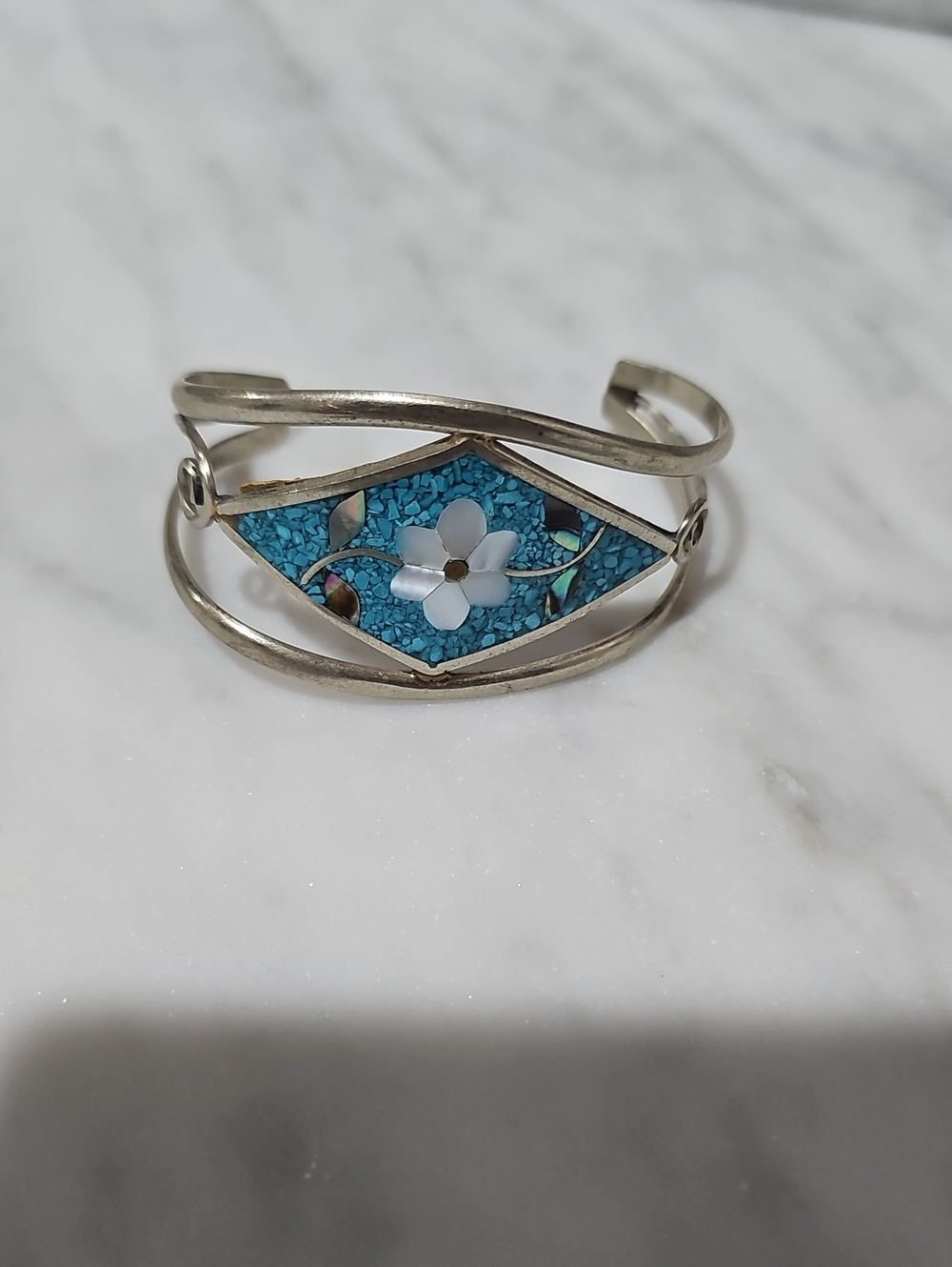 Vintage Alpaca Mexican Turquoise Floral Mosaic Silver Cuff Bracelet